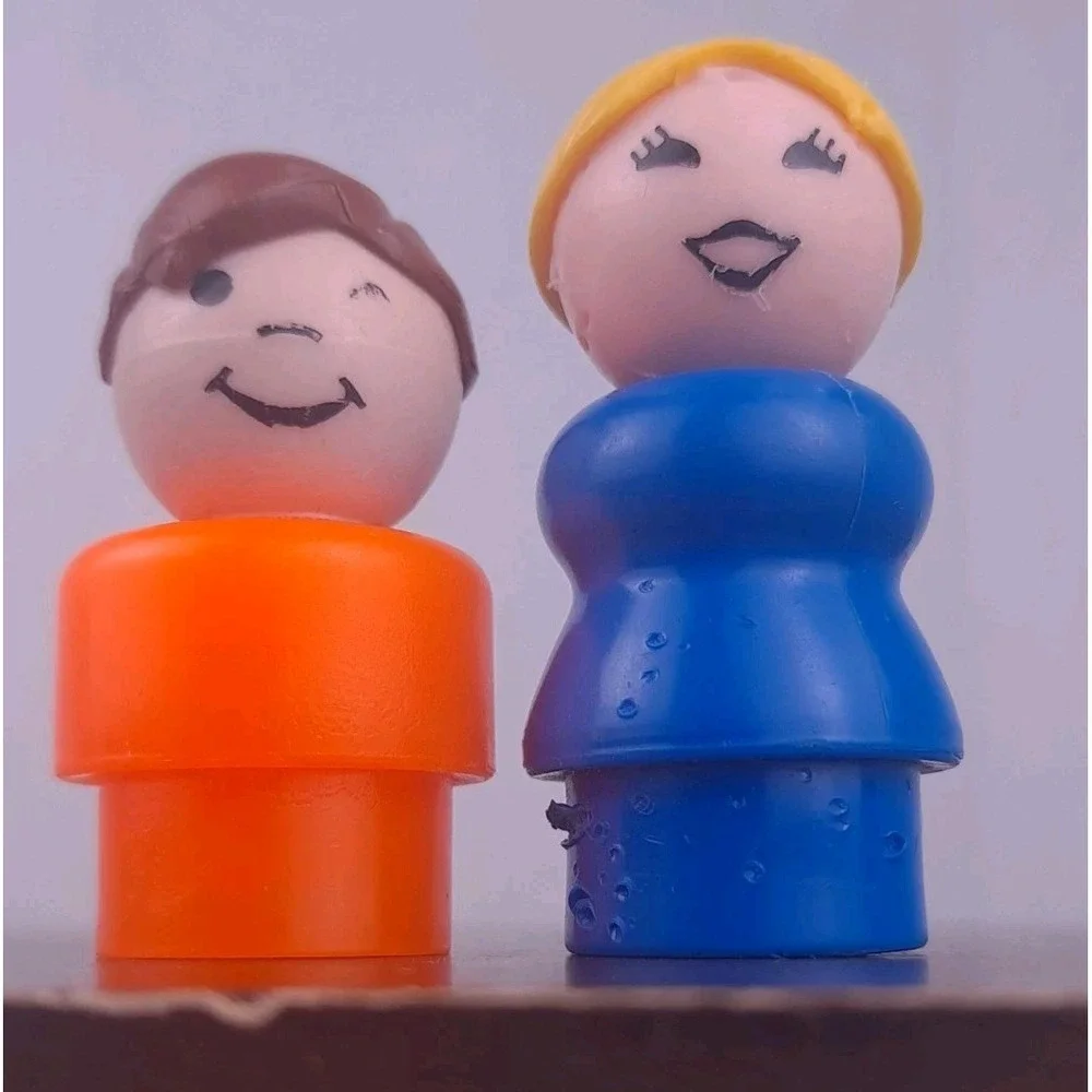 Vintage Fisher Price Little People Mom Blue Dress & Boy Orange Body 1970s Toy